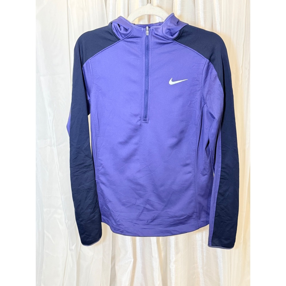 Nike Dri-FIT Hooded Quarter Zip Womens Large Purple Colorblock Thumbhole Top